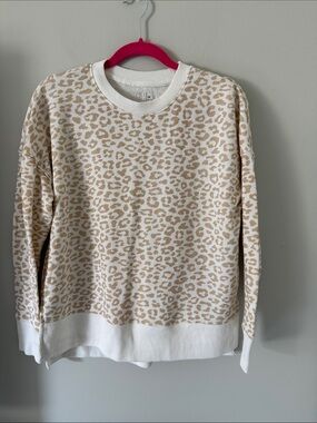 Time and Tru Beige Leopard Print Crewneck Sweatshirt with White Trim